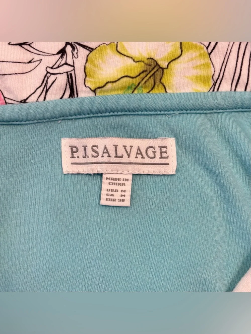 P.J. Salvage Hibiscus Flower Shorts Set, Sz M, Aqua Trim, Yellow, Pink - Picture 6 of 16